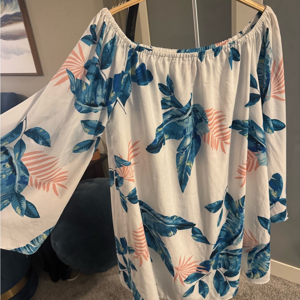 Buddy Love White Off-Shoulder Midi Dress with Blue and Peach Leaf Print